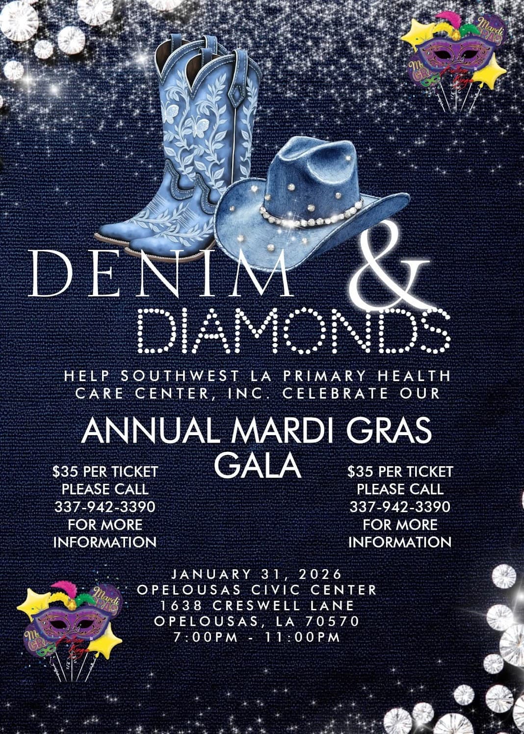 Southwest LA Primary Healthcare Present: 2026 Denim & Diamonds Mardi Gras Gala — poster 1