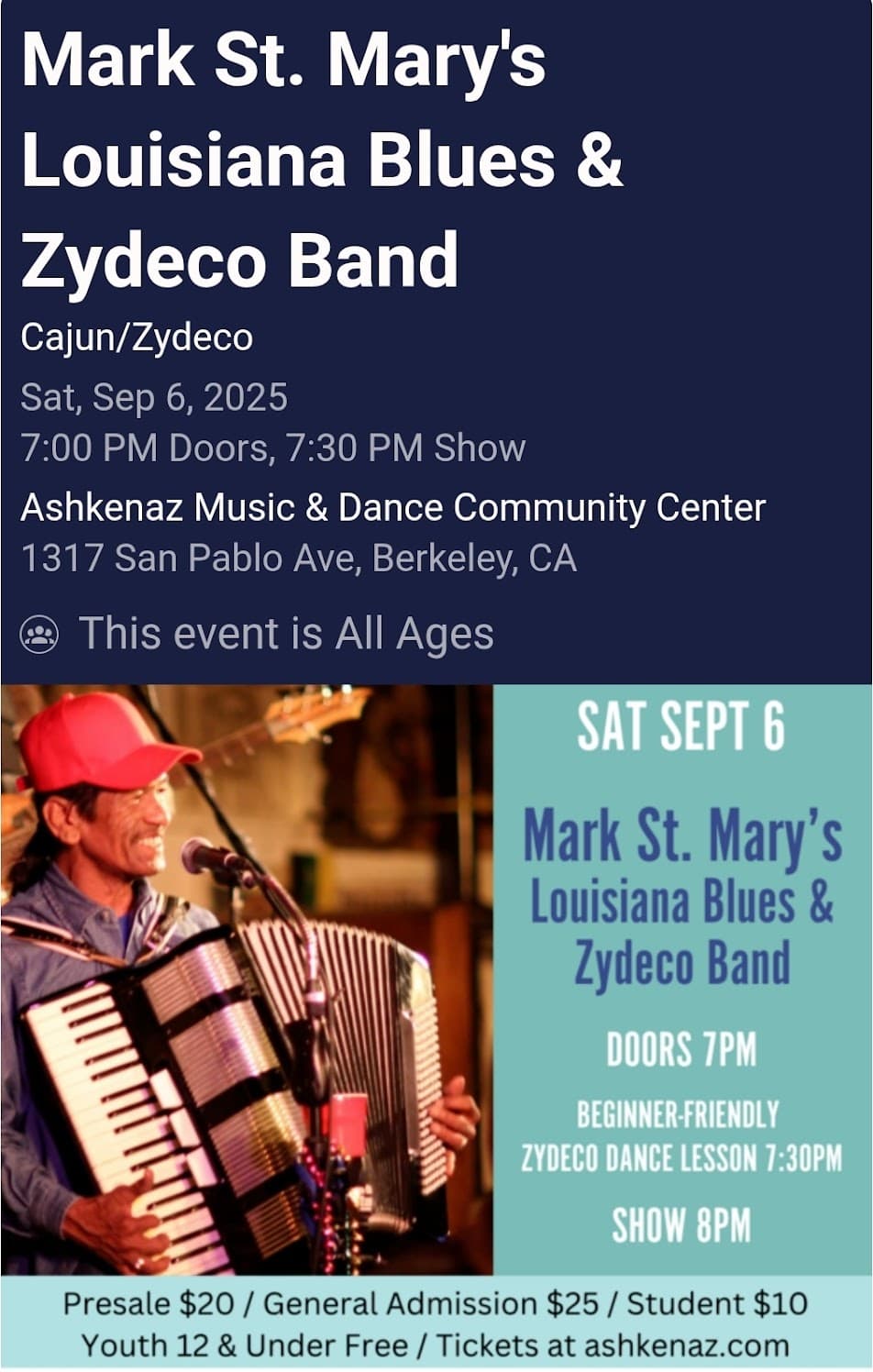 Mark St Mary Louisiana Blues & Zydeco Band - LIVE @ Ashkenaz — poster 1