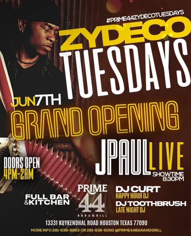 Zydeco Tuesdays @ Prime 44 Bar & Grill — poster 1