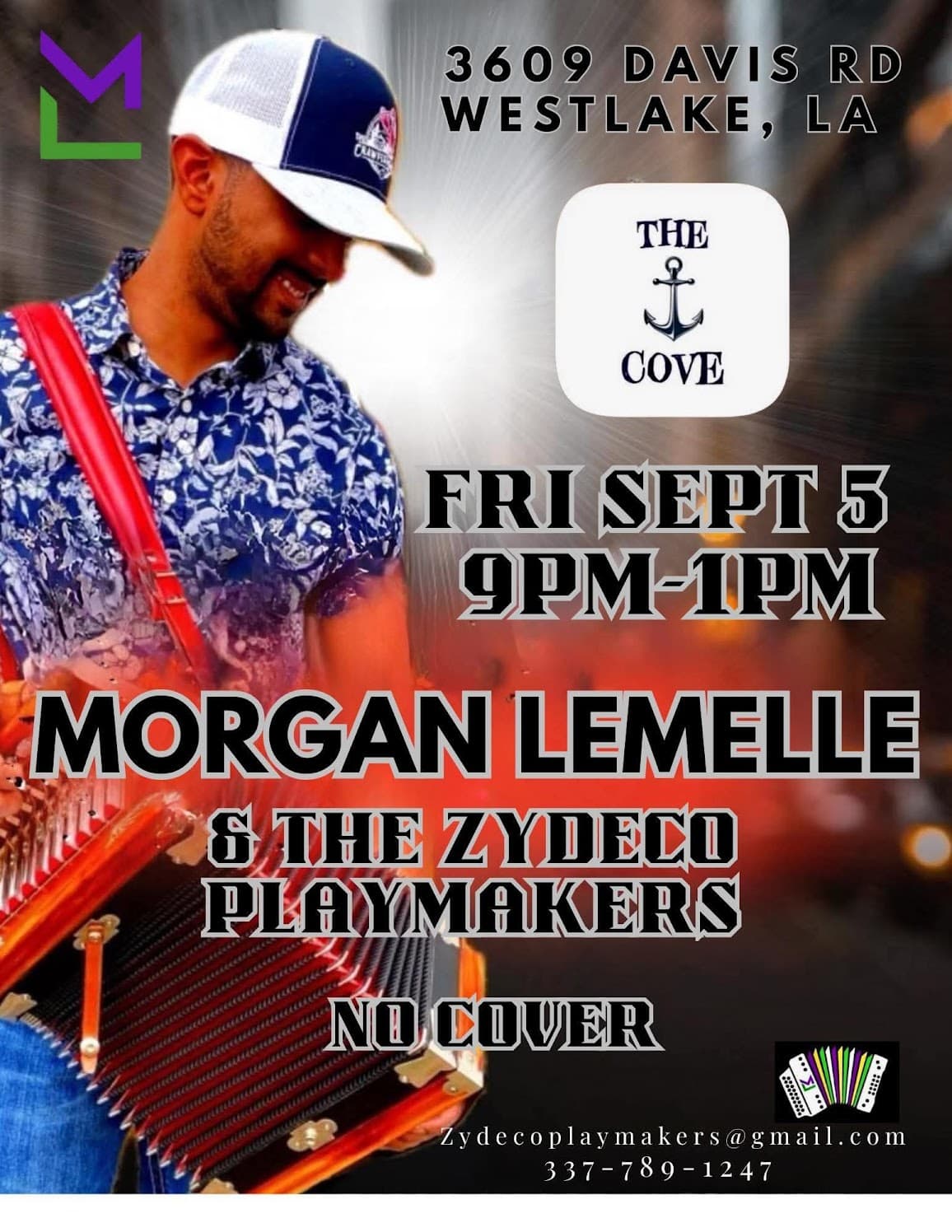 Morgan Lemelle & the Zydeco Playmakers - LIVE @ Sam's Cove — poster 1