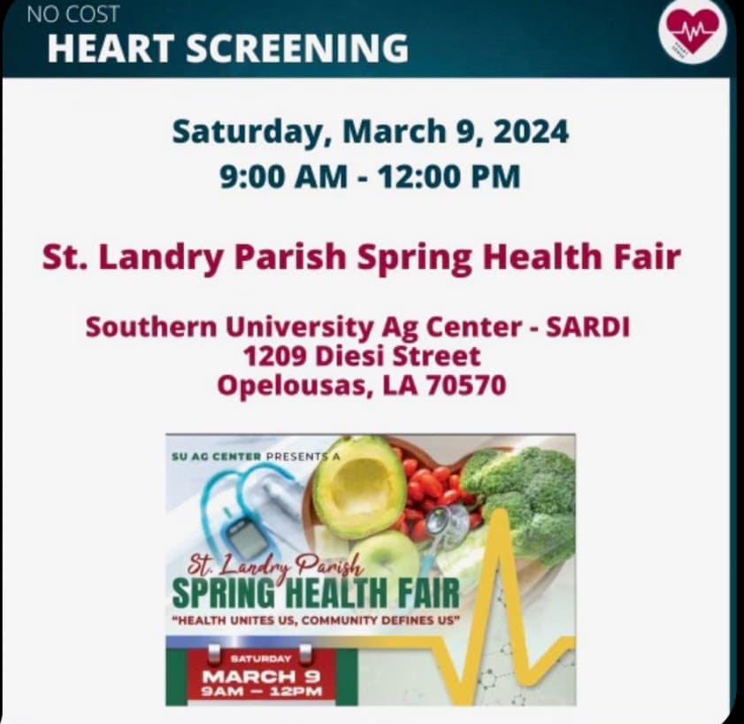 NO COST Heart Screening @ St Landry Parish Spring Health Fair — poster 1