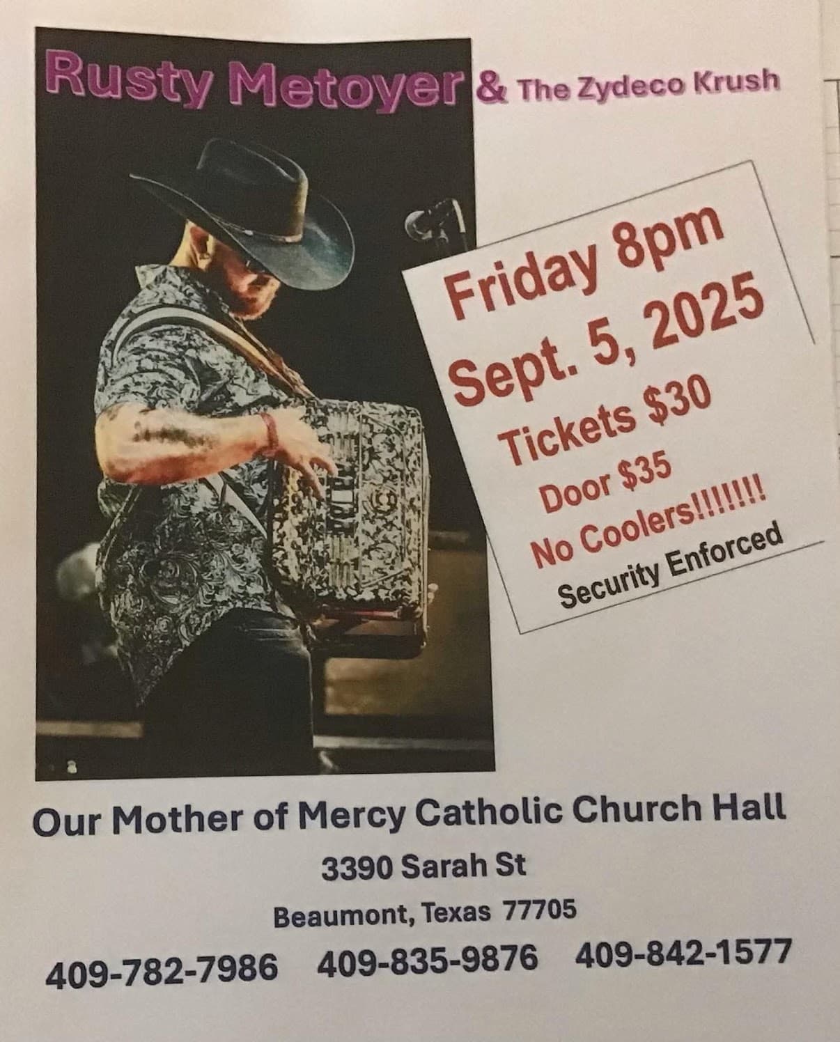 Rusty Metoyer & the Zydeco Krush - LIVE @ Our Mother of Mercy Cathoic Church Hall — poster 1