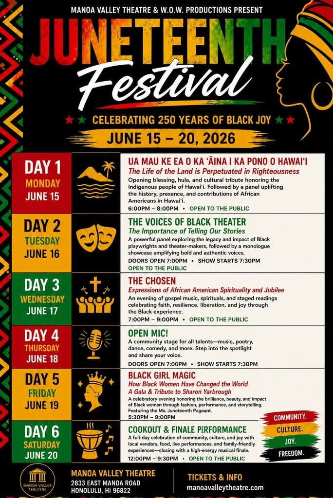 Manoa Valley Theatre & W.O.W. Productions Presents: 2026 Juneteenth Festival